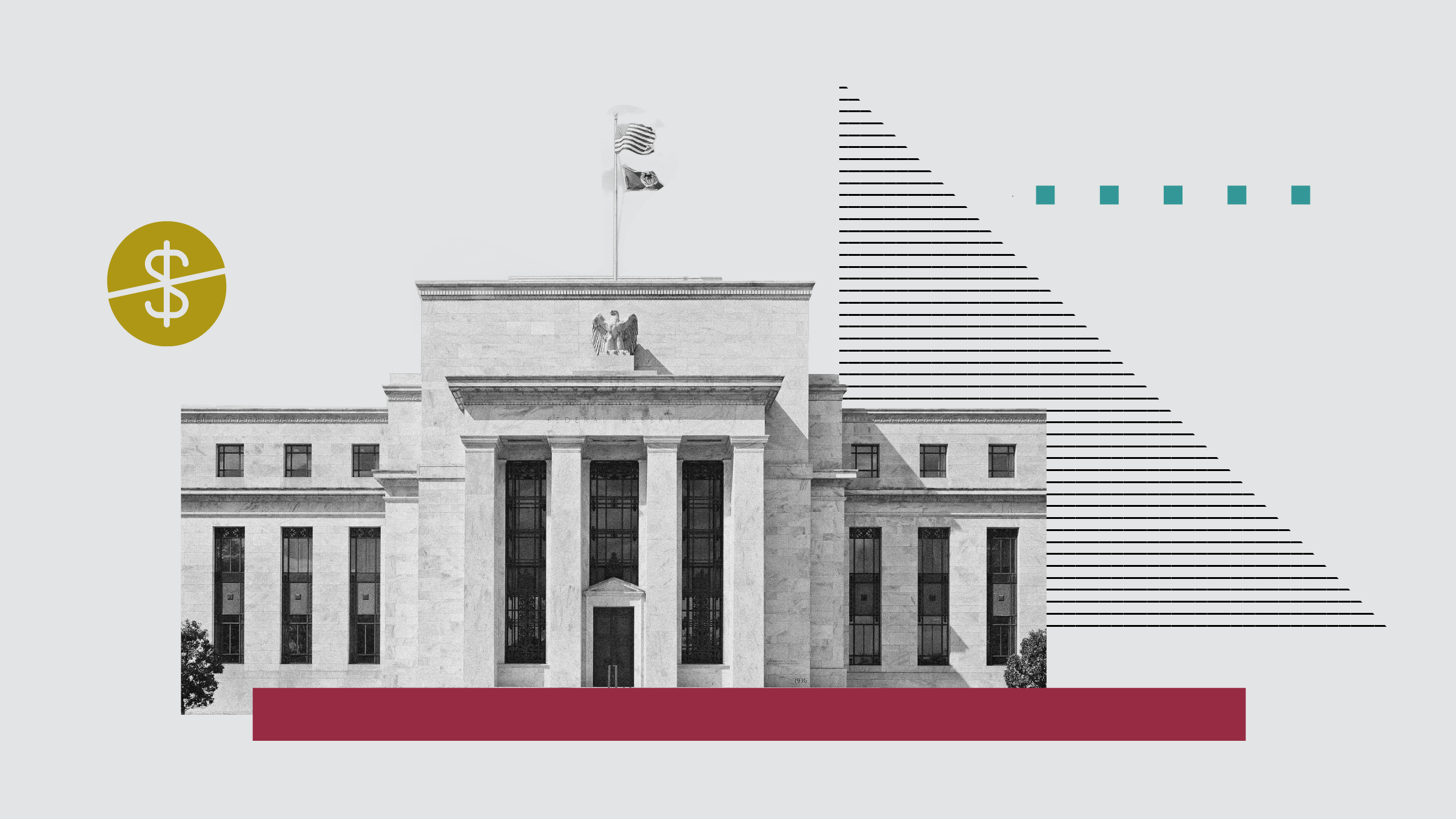 Photo collage illustration of the U.S. federal reserve building with shapes and icons, including a dollar sign cut in half